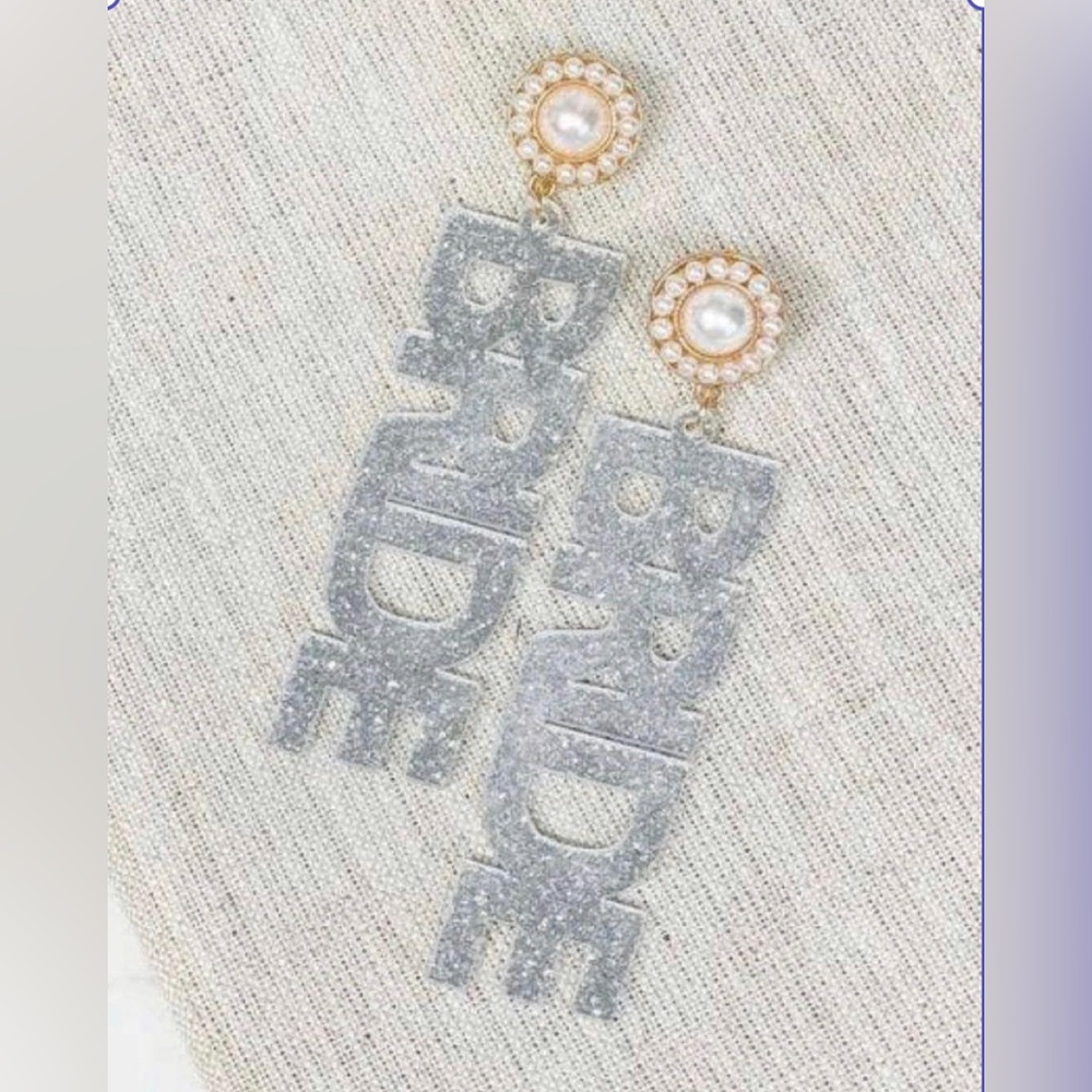 ‘BRIDE’ Acrylic Silver Glitter Dangle Earrings